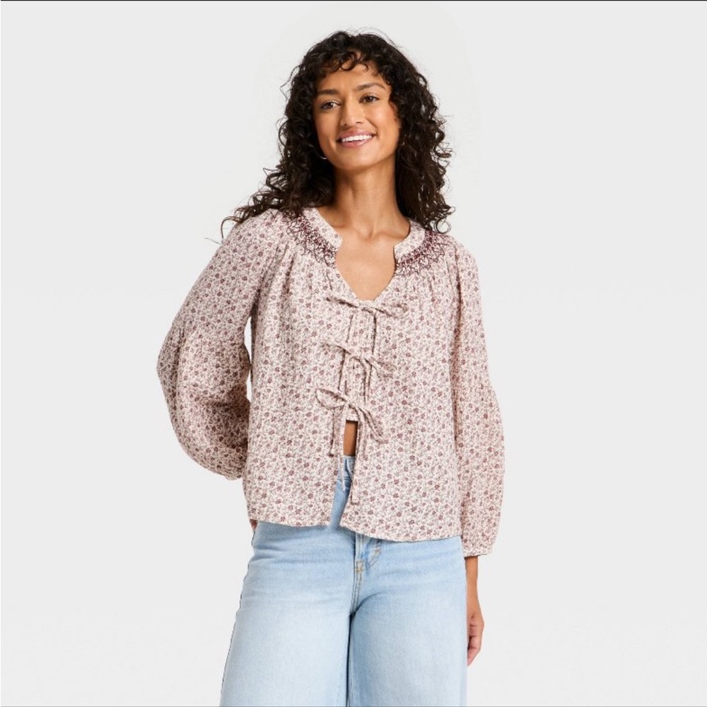 Raglan Long Sleeve Tie-Front Blouse
